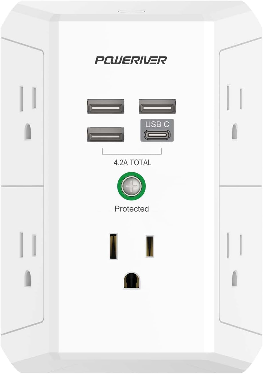 Poweriver (5AC Outlets with 3 USB A+1 USB C Port 1680 joules of surge protection)