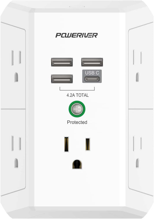 Poweriver (5AC Outlets with 3 USB A+1 USB C Port 1680 joules of surge protection)