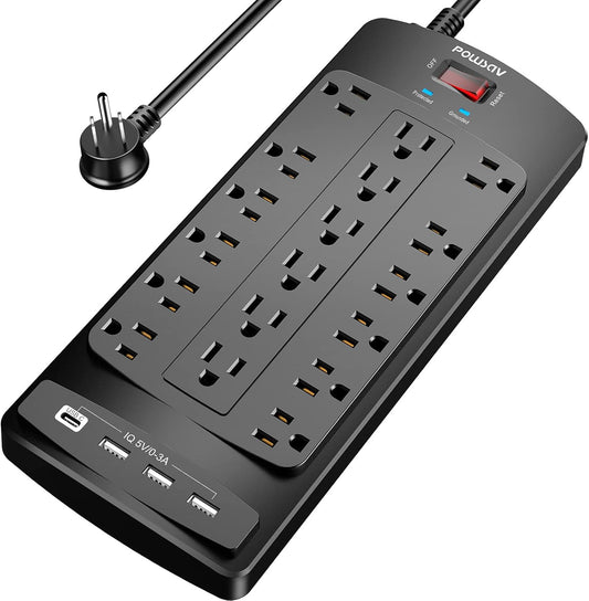 POLUSAV 18AC Outlets With 3 USB A+ 1 USB C Port Power Strip